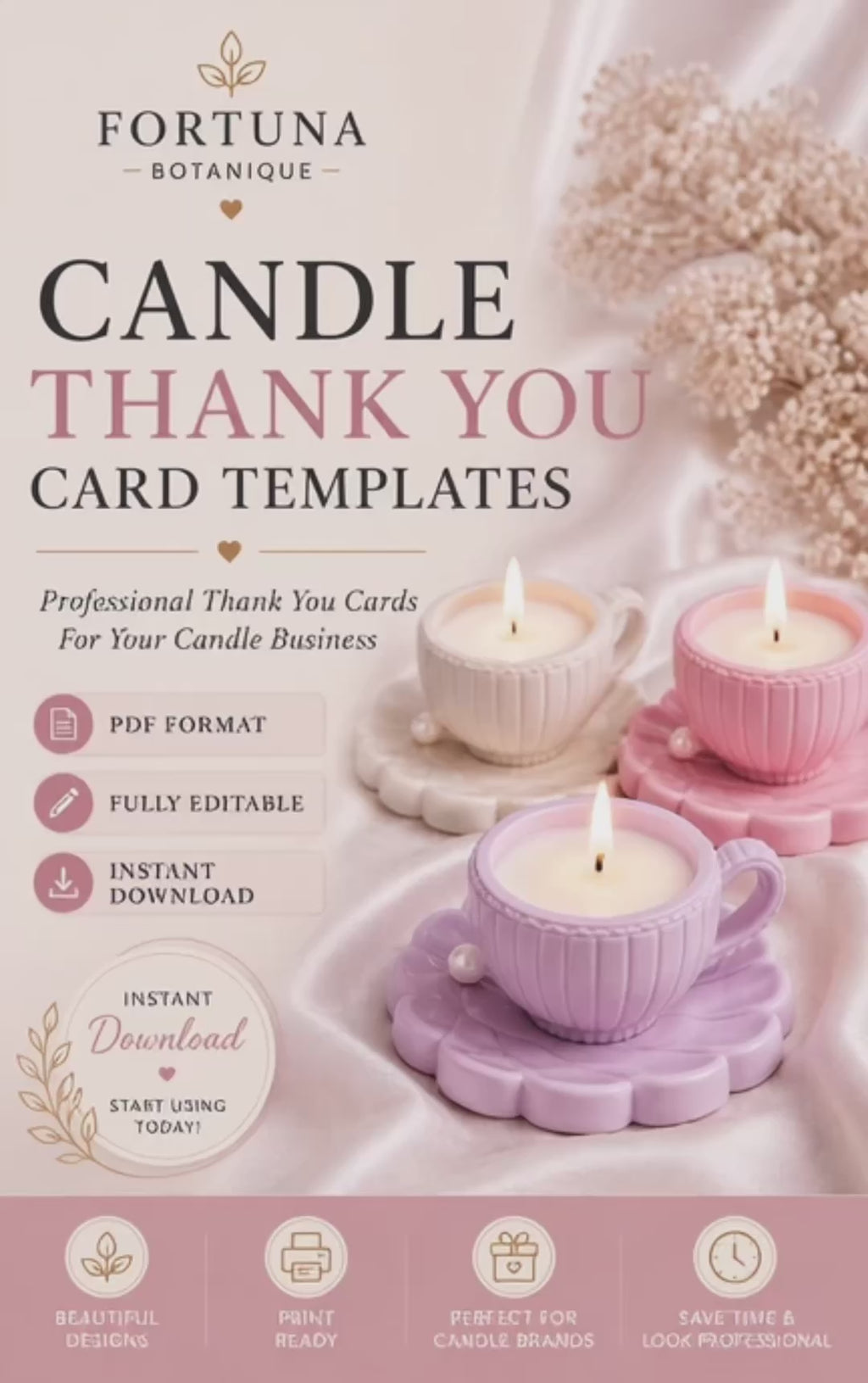 Luxury Candle Thank You Card Templates | Editable Printable Thank You Cards | Small Business Branding | Instant PDF Download