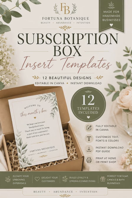 Luxury Subscription Box Insert Templates | Editable Canva Thank You & Packaging Inserts (Instant PDF Download)