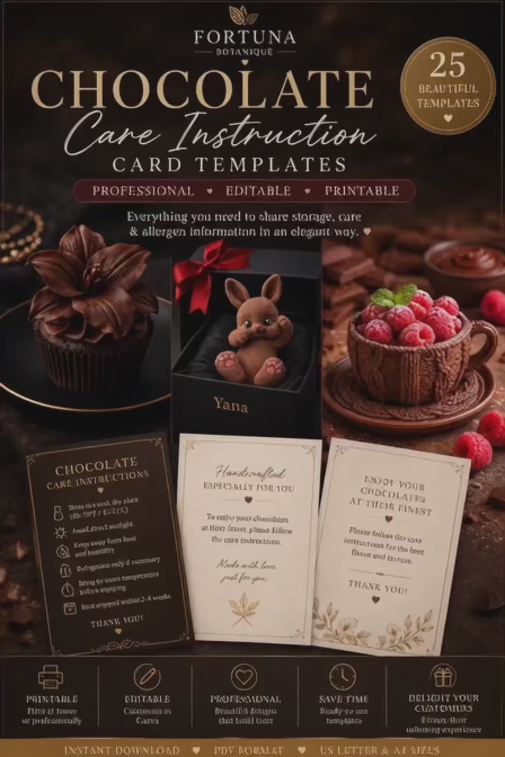 Luxury Chocolate Care Instruction Card Templates | Editable Printable Care Cards for Chocolate Businesses (Instant PDF Download)