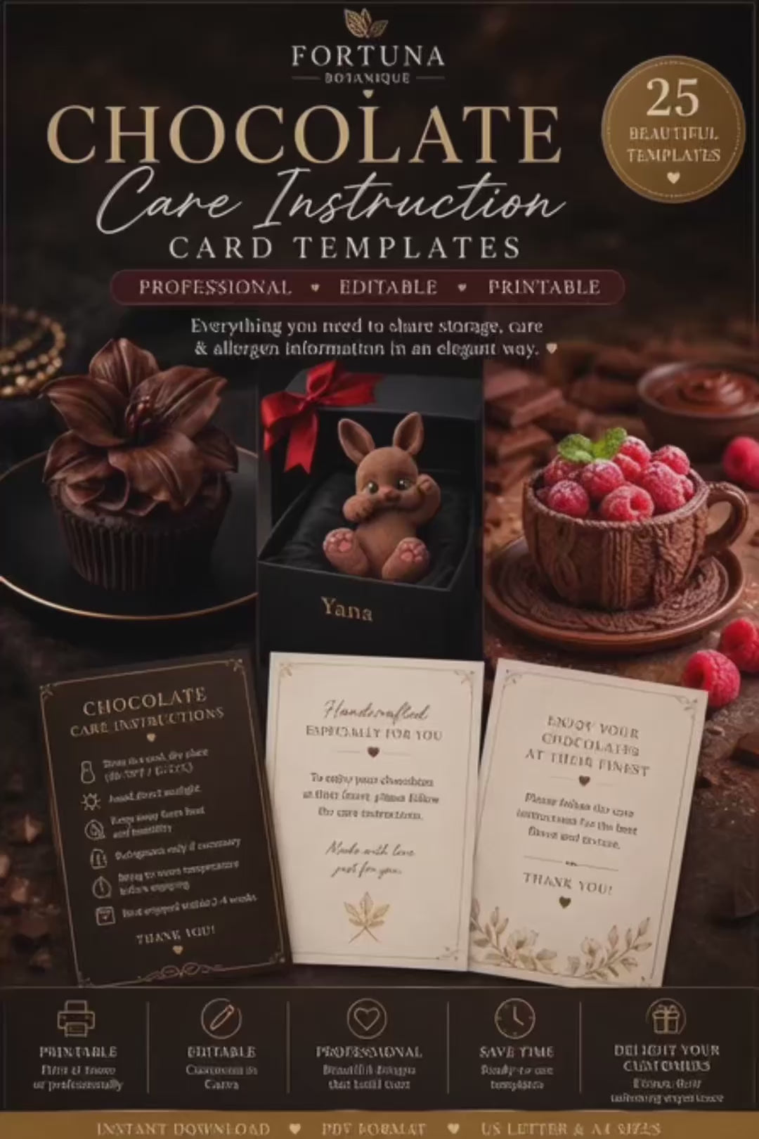Luxury Chocolate Care Instruction Card Templates | Editable Printable Care Cards for Chocolate Businesses (Instant PDF Download)