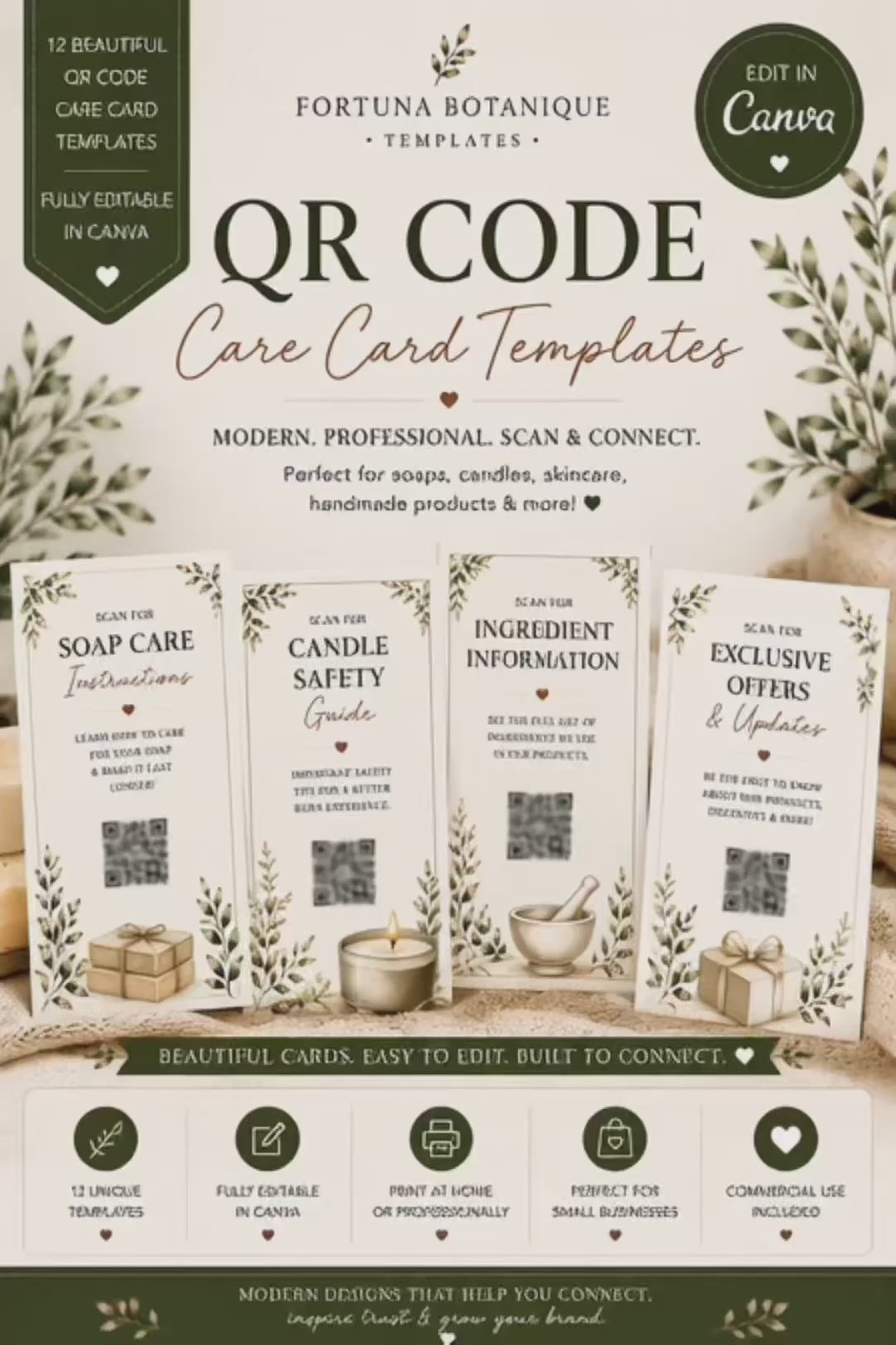 Luxury QR Code Care Card Templates | Editable Canva Packaging Inserts for Small Businesses (Instant PDF Download)