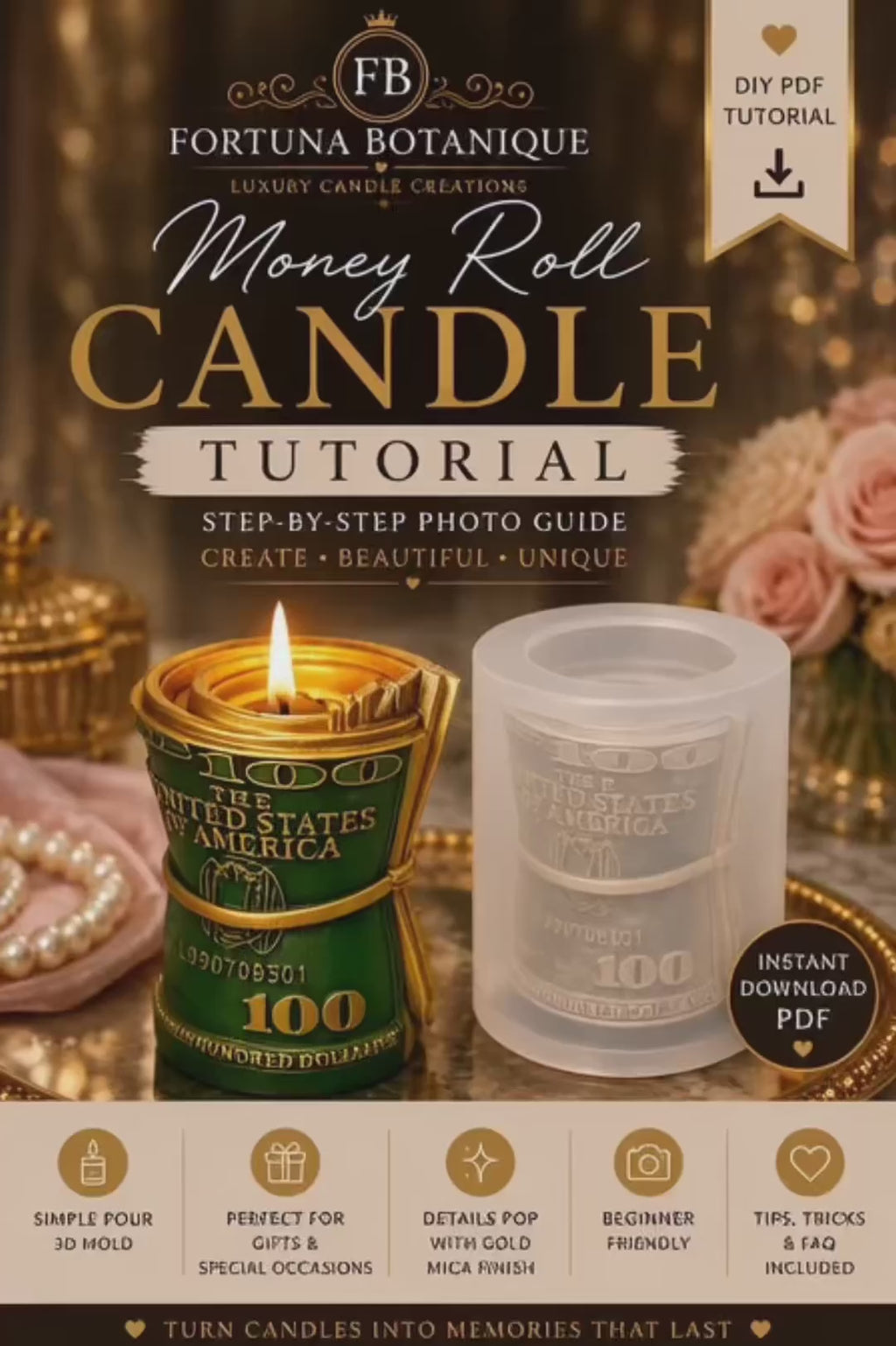 Money Roll Candle Tutorial | 3D Silicone Mold Candle Guide | Instant PDF Download