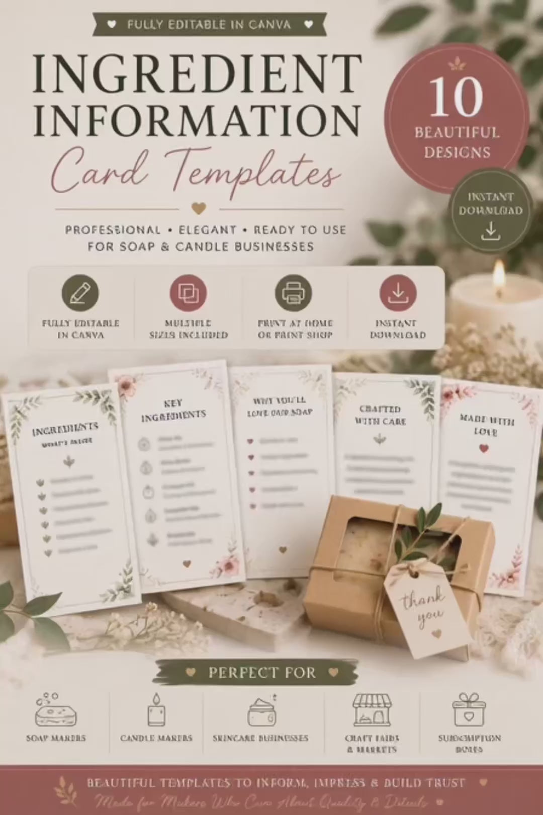Luxury Ingredient Information Card Templates | Editable Canva Ingredient Cards for Soap, Candle & Skincare Businesses (Instant PDF Download)