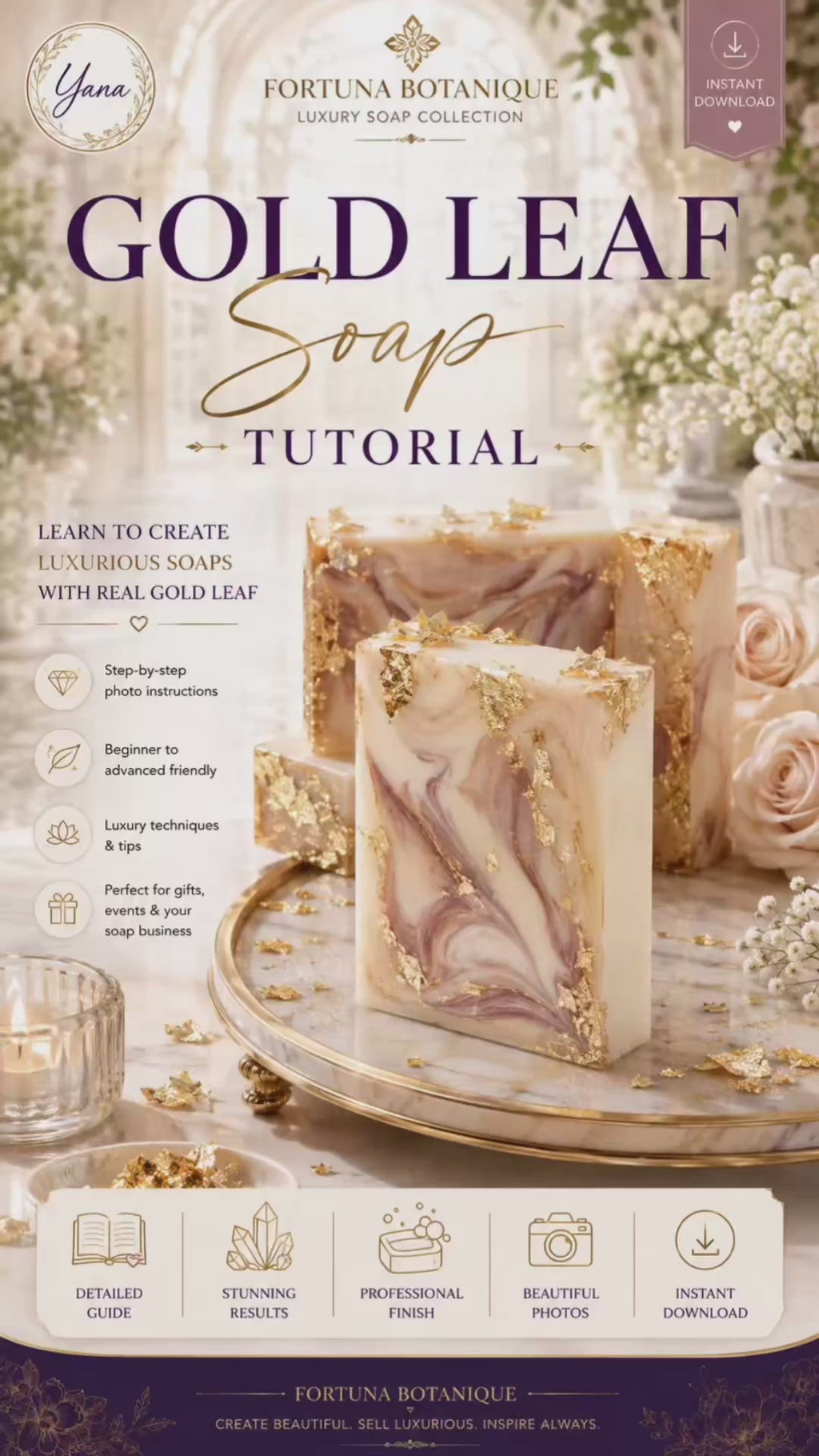 Gold Leaf Soap Tutorial | Luxury Melt & Pour Soap Making Guide | Marble Swirl Soap | Soap Decorating with Real Gold Leaf | PDF E-Book