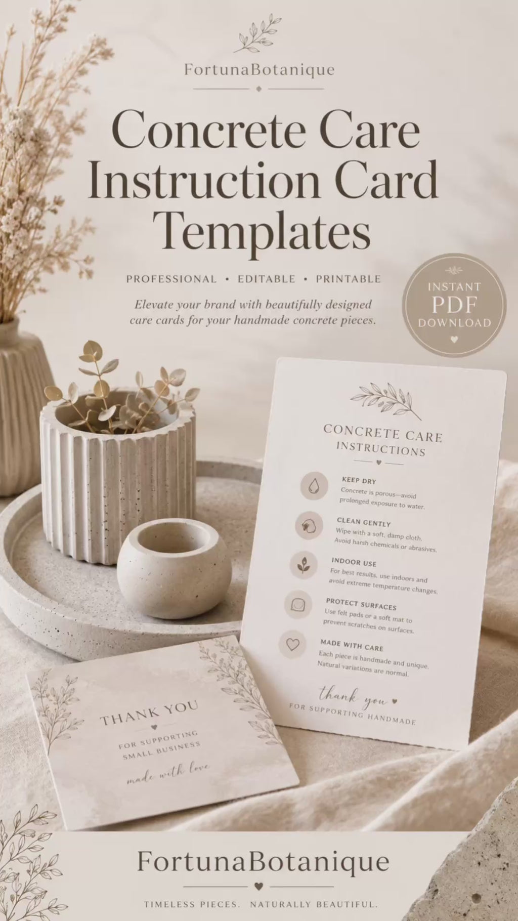 Concrete Care Instruction Card Templates | Printable Product Care & Thank-You Inserts for Concrete Makers
