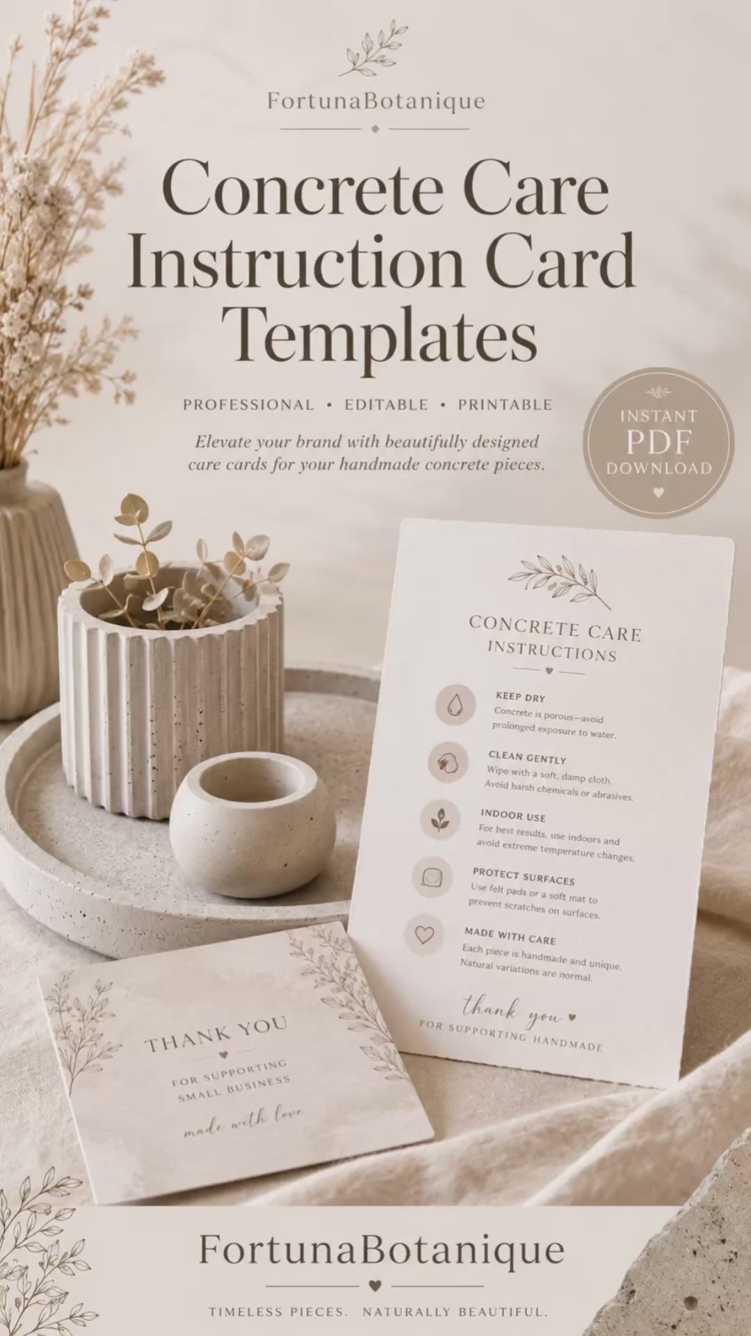 Concrete Care Instruction Card Templates | Printable Product Care & Thank-You Inserts for Concrete Makers