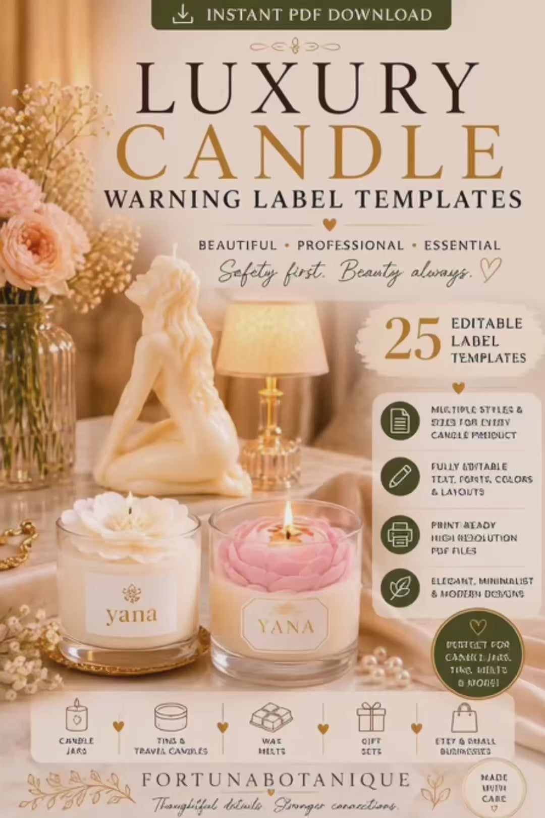 Luxury Candle Warning Label Templates | Editable Printable Safety Labels for Handmade Candle Businesses