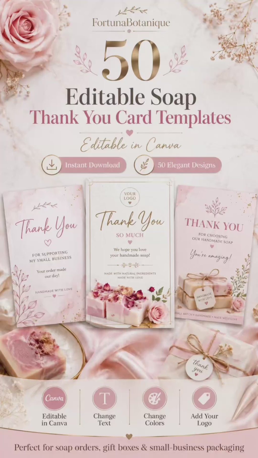 50 Editable Soap Thank You Card Templates | Pink Canva Packaging Inserts for Handmade Soap Business