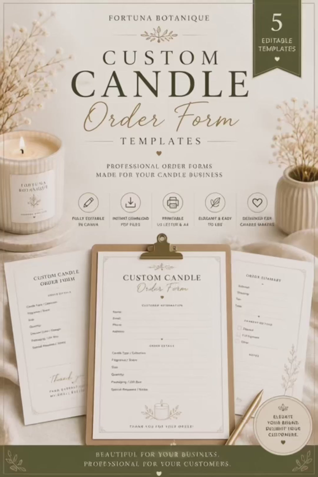 Luxury Candle Order Form Templates | Printable Customer Order Forms | Editable Canva PDF for Candle Makers | Instant Digital Download