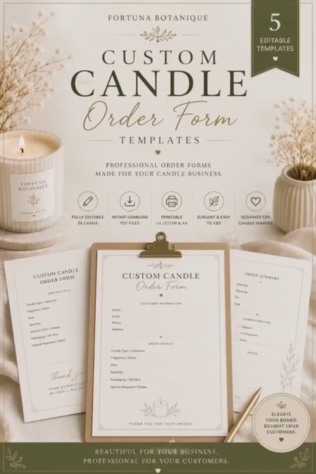 Luxury Candle Order Form Templates | Printable Customer Order Forms | Editable Canva PDF for Candle Makers | Instant Digital Download